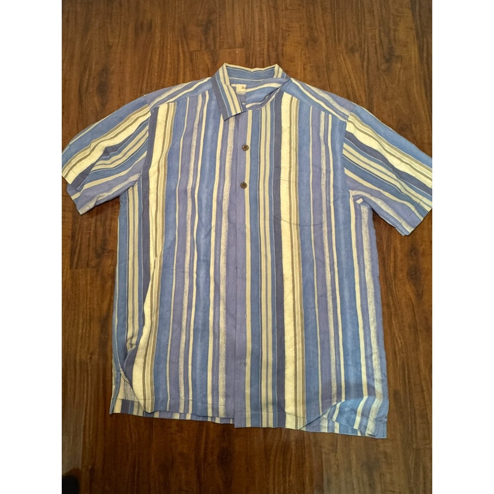 Tommy Bahama Men's Button Up Camp Shirt Blue Green Striped Size Small Silk